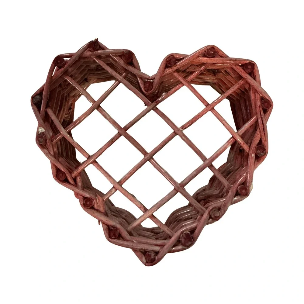 Vintage Pink Woven Wicker Heart Basket Lattice Wall Decor 8x7 Cottagecore